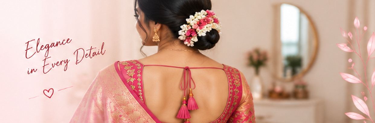 Back view of a woman in a pink silk saree with a tasselled designer blouse and a jasmine bun