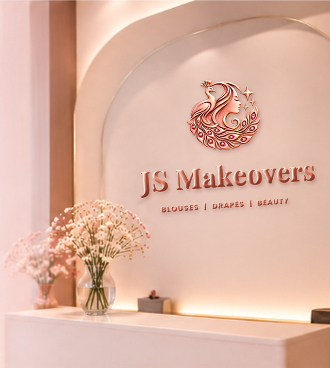 JS Makeovers studio reception with the logo on the wall and flowers on the counter