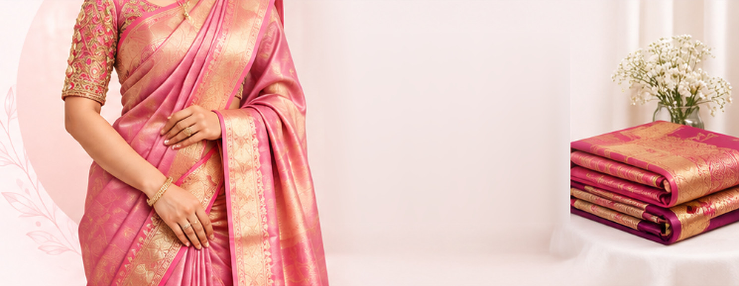 Woman wearing a neatly pre-pleated pink silk saree, beside a stack of folded silk sarees