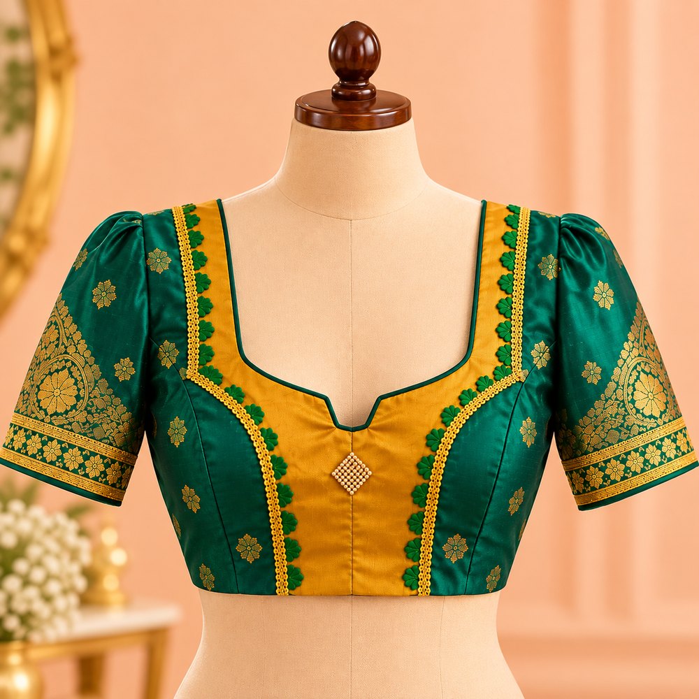 Emerald green silk blouse with gold butta motifs, mustard front panel and gold-bordered sleeves