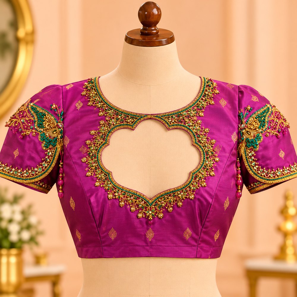 Magenta silk blouse with gold and green bead aari work, butterfly sleeve motifs and scalloped keyhole neckline