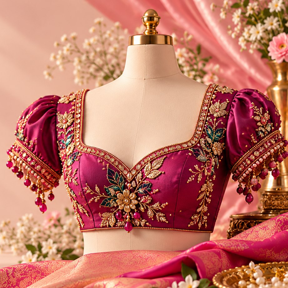 Maroon embroidered blouse with puff sleeves and bead tassels on a dress form
