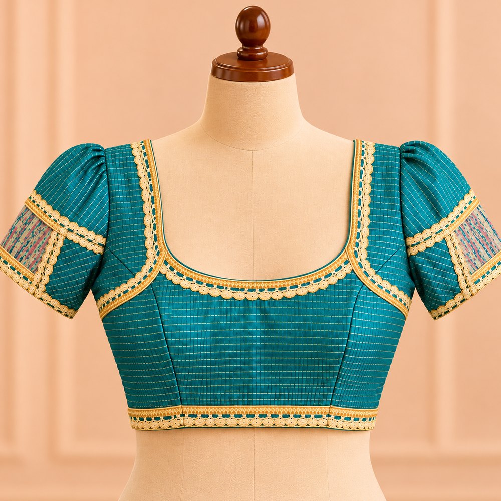 Peacock blue silk blouse with gold zari checks, lace border and puff sleeves