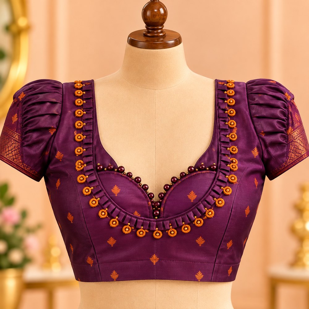 Plum silk blouse with orange butta motifs, pleated sweetheart neckline, thread ring beads and puff sleeves