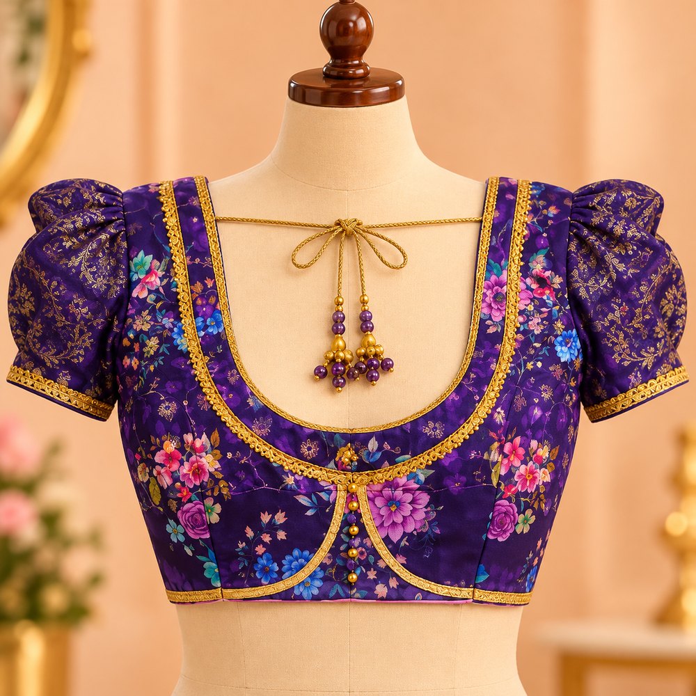 Royal purple floral print blouse with gold lace border, puff sleeves and beaded tie-up tassels